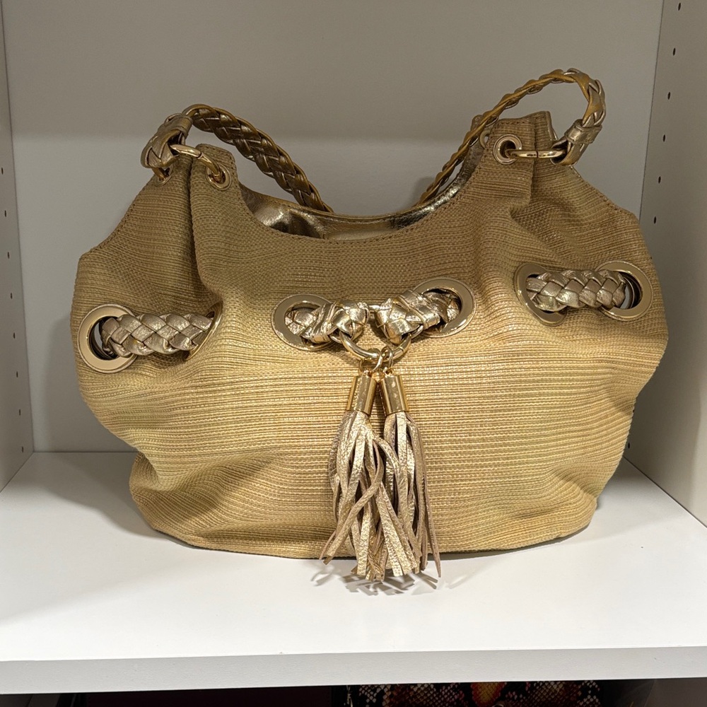 Michael Kors Gold Braided-Handle Hobo with Tassel Accent